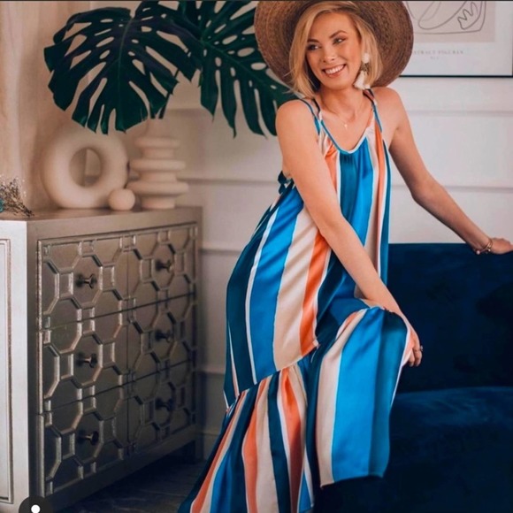 LEMLEM X H&M Blue and Pink Satin Ruffled Stripe Maxi Dress Size M - Picture 5 of 16